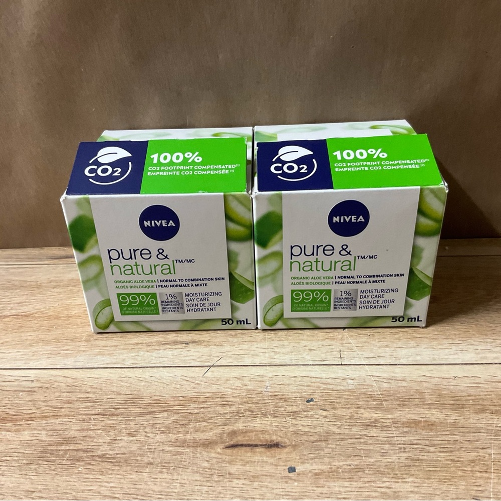2 X Nivea Pure Natural Organic Moisturizer Face 50ml Aloe Vera Jojoba Almond Oil